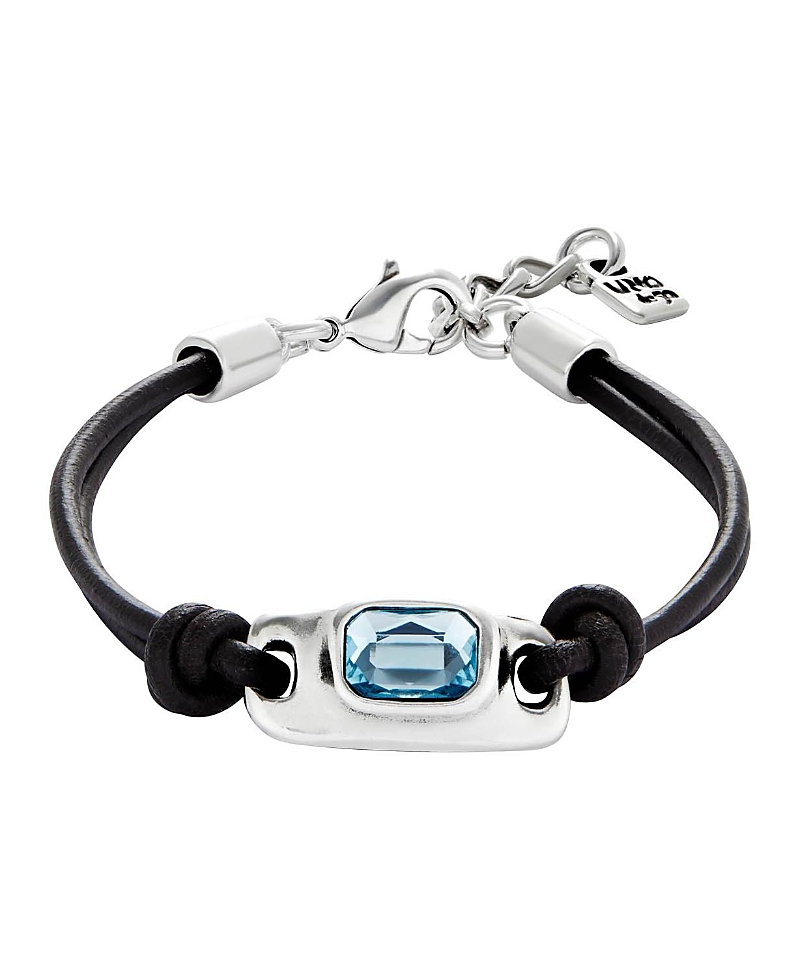 Unode50 Bracelet Leather And Metal Alloy Plated Sterling Silver With Blue Faceted Glass In Black