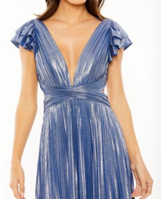 Ruffle Sleeve Cutout Pleated Metallic Gown