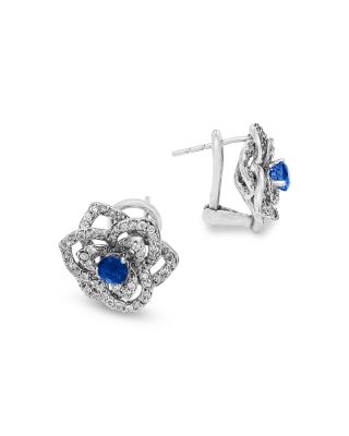Sapphire & Diamond Flower Earrings in 14K White Gold