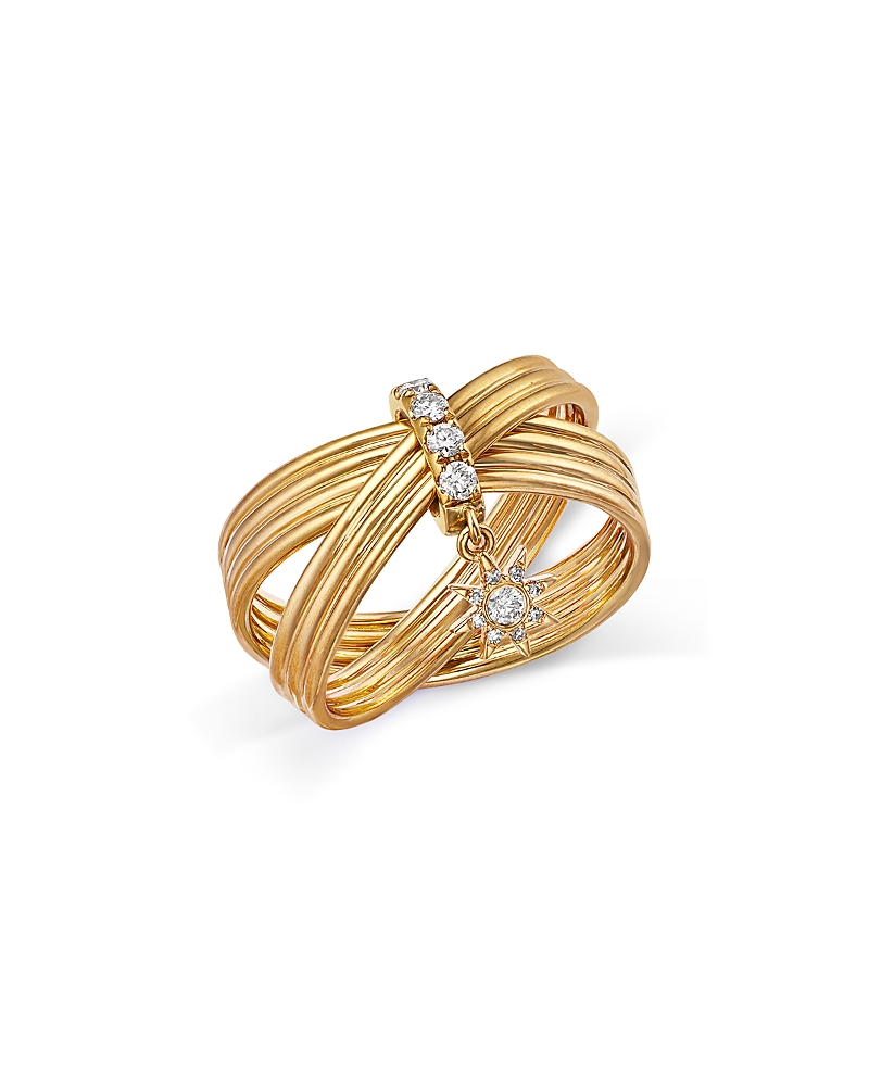 Bloomingdale's Fine Collection Diamond Ridge Texture Crossover Ring with Sunburst Charm in 14K Yellow Gold, 0.24 tcw