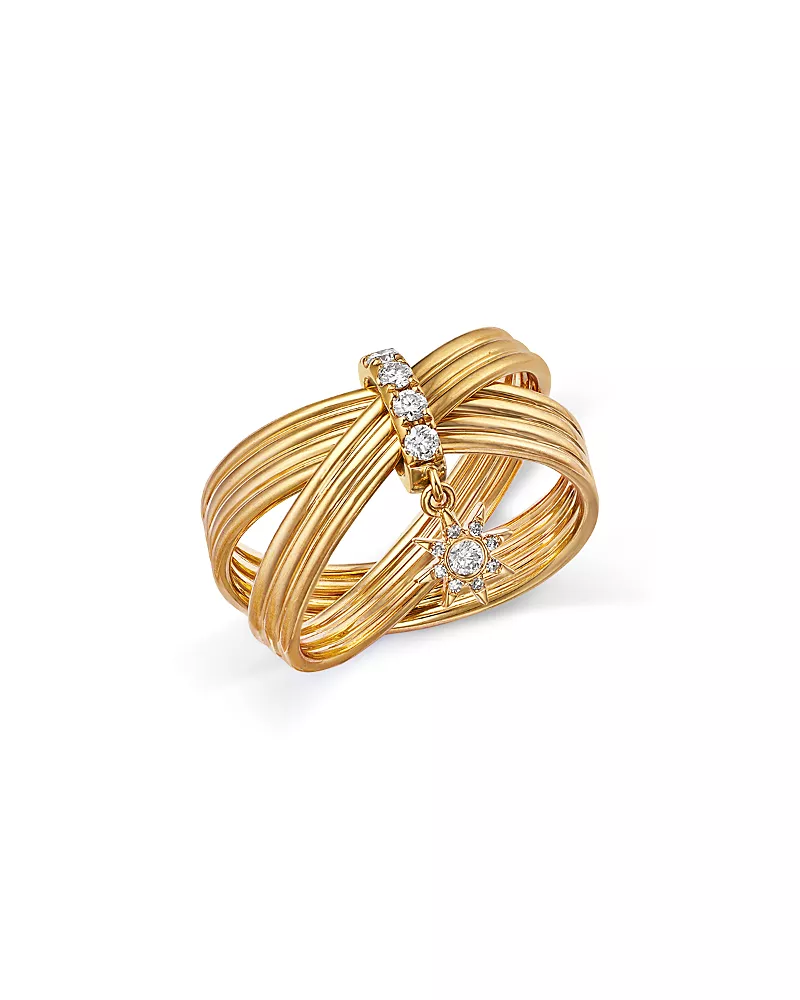 Bloomingdale's Fine Collection Diamond Ridge Texture Crossover Ring with Sunburst Charm in 14K Yellow Gold, 0.24 tcw