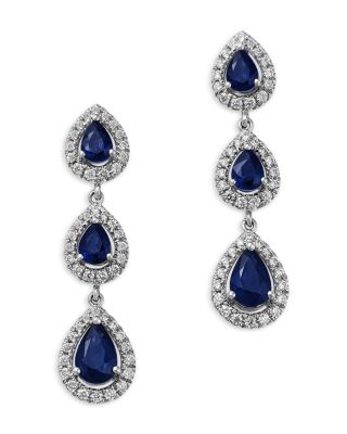 Blue Sapphire & Diamond Pear Halo Drop Earrings in 14K White Gold