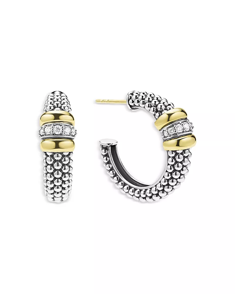 Lagos 18K Yellow Gold & Sterling Silver Signature Caviar Diamond Beaded Hoop Earrings