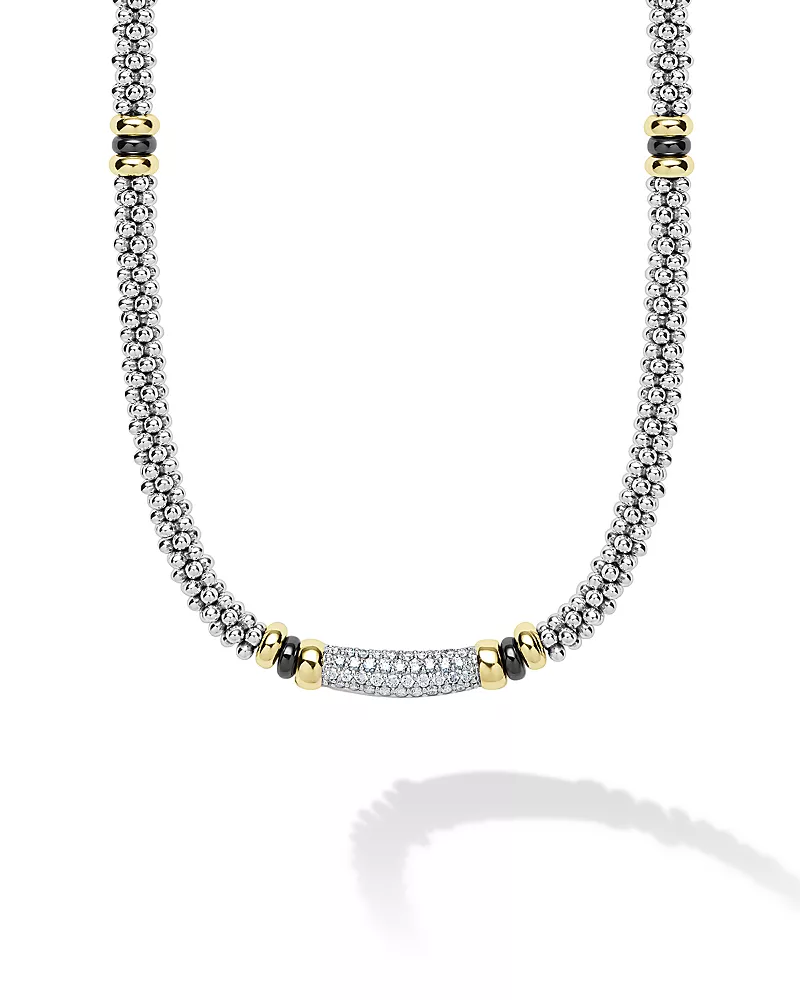 Lagos 18K Yellow Gold & Sterling Silver Black Caviar Diamond & Black Ceramic Collar Necklace, 18