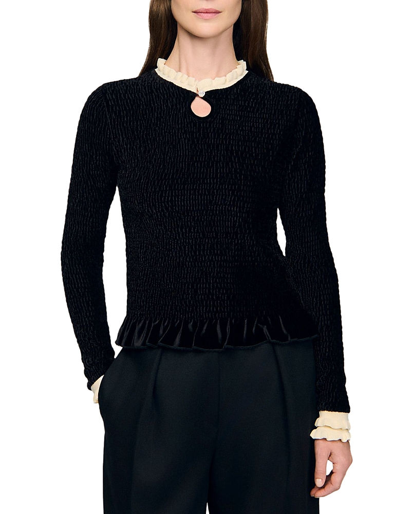 Sandro Eugenie Smocked Velvet Top