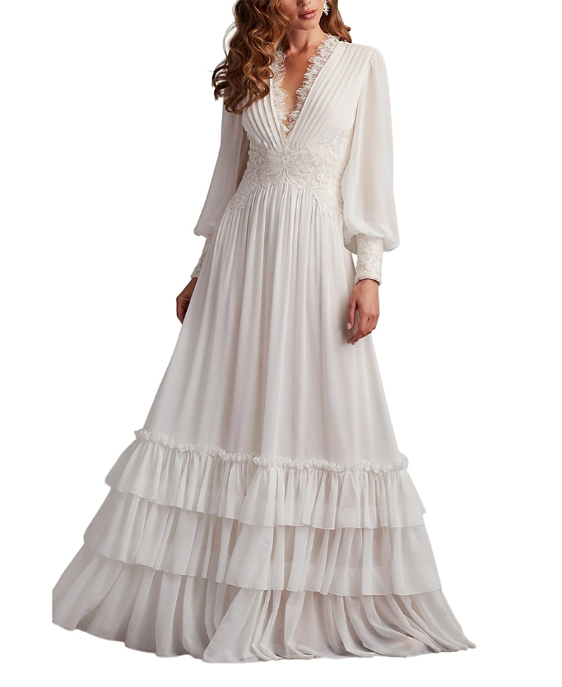 Tadashi Shoji Ruffle Pleated Long Sleeve Chiffon Gown In White