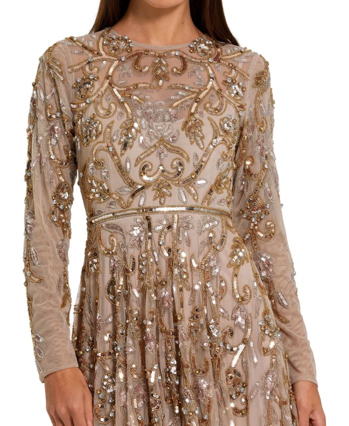 Long Sleeve Hand Embellished Gown