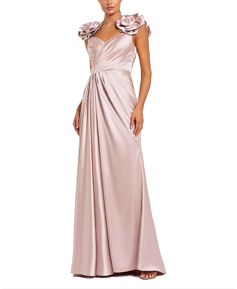 Mac Duggal Satin Faux Wrap Gown With 3d Flower Straps In Pink