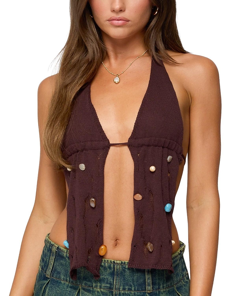 Edikted Beaded Distressed Split Front Halter Top In Brown