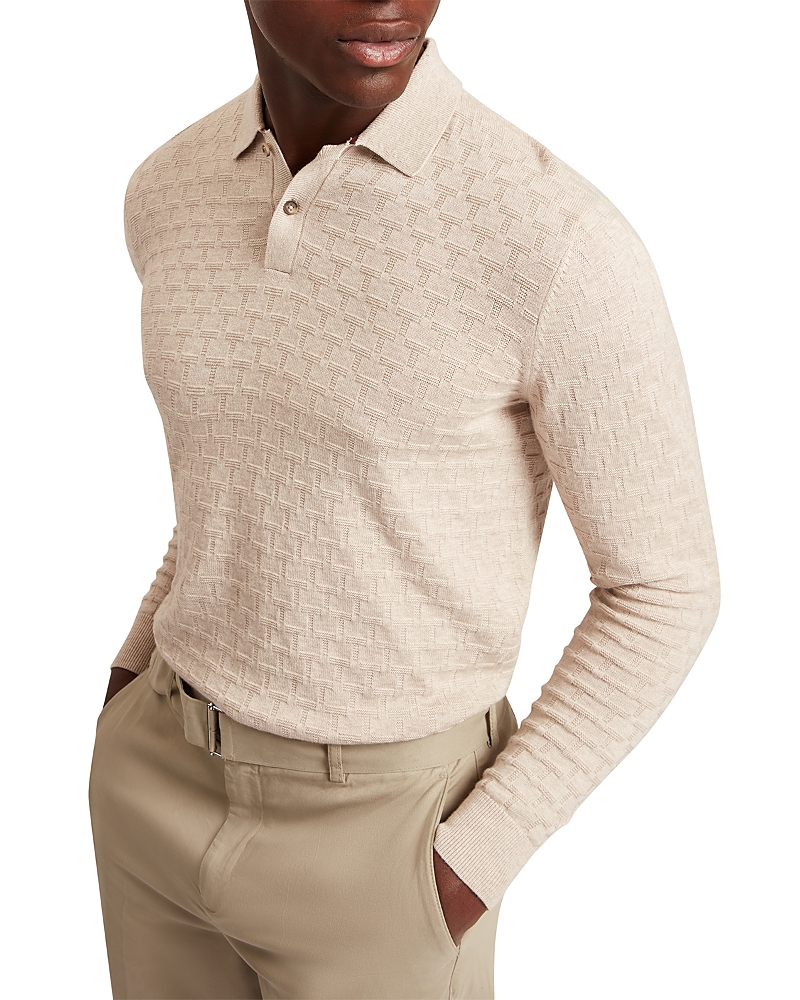 Ted Baker Gaten Long Sleeve Textured Stitch Polo In Neutral