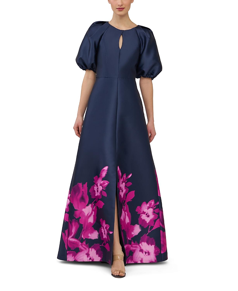 Kay Unger Delfina Puff Sleeve Mikado Gown In Blue