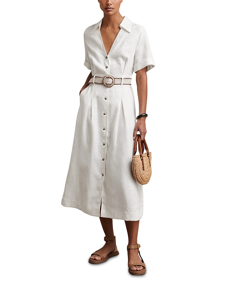 Reiss Ivory Petite Linen Belted Midi Shirt Dress In White