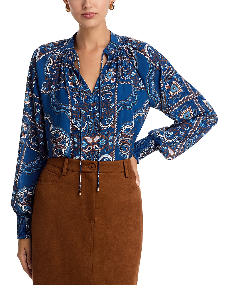 T Tahari Split Neck Paisley Print Top In Blue
