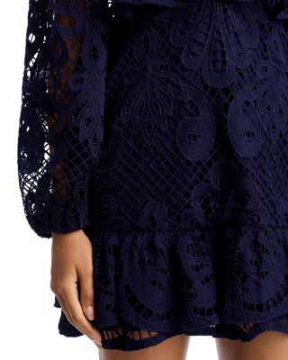 Lace V Neck Long Sleeve Ruffle Mini Dress - Exclusive