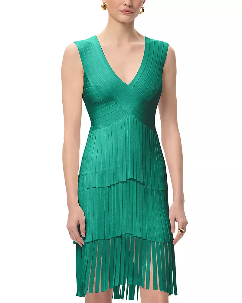 Herve Leger V Neck Gracie Midi Fringed Dress