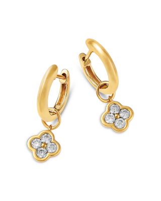 Clover Dangle Huggie Hoop Earrings in 14K Yellow Gold, 0.4 tcw