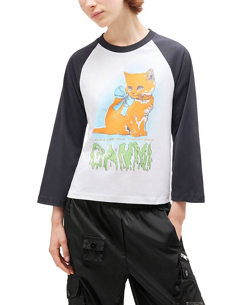 Ganni Cropped Kitty Logo Graphic Tee In Black