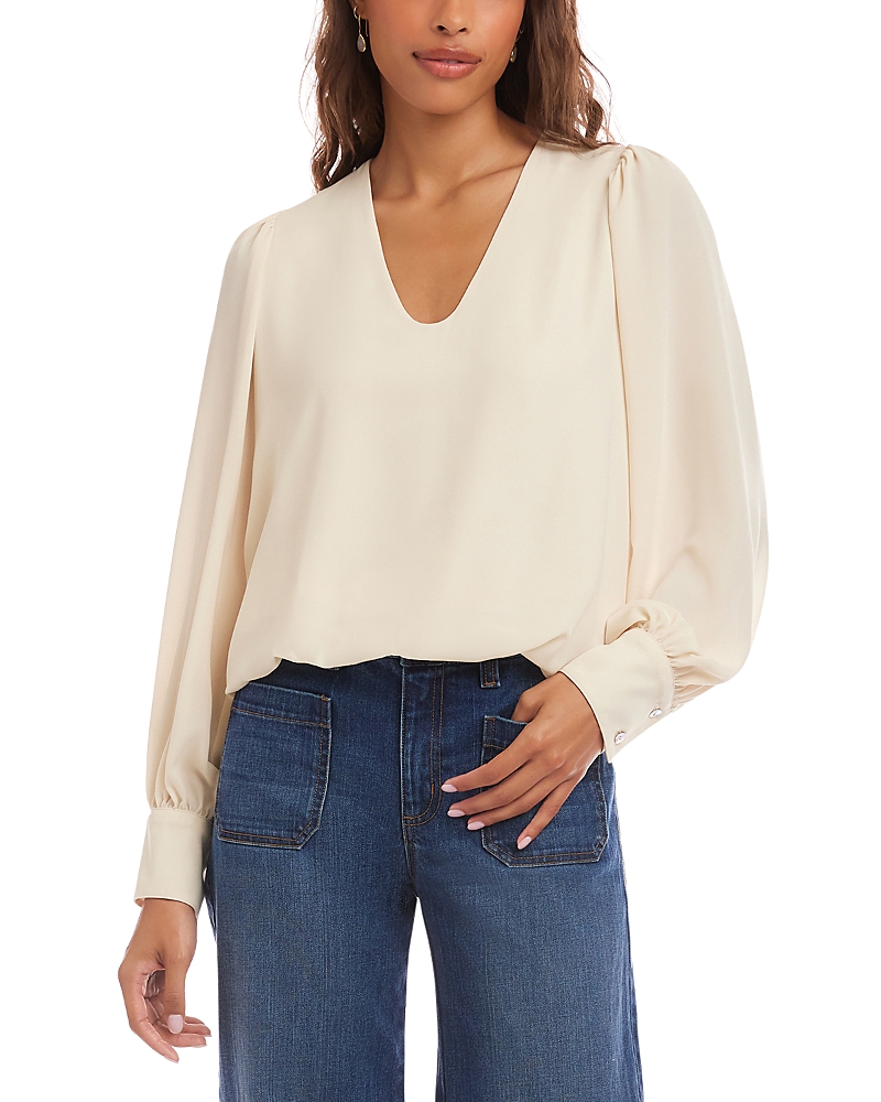 Karen Kane Puff Sleeve V-neck Crepe Top In Neutral