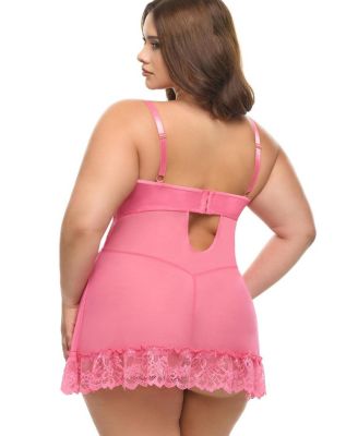 Plus Valentine Soft Cup Lace Babydoll with Bows and G-string Panty