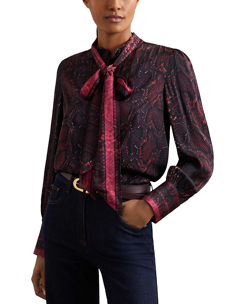 Reiss Womens Burgundy Dana Snake-print Tie-neck Woven Blouse In Burgundy
