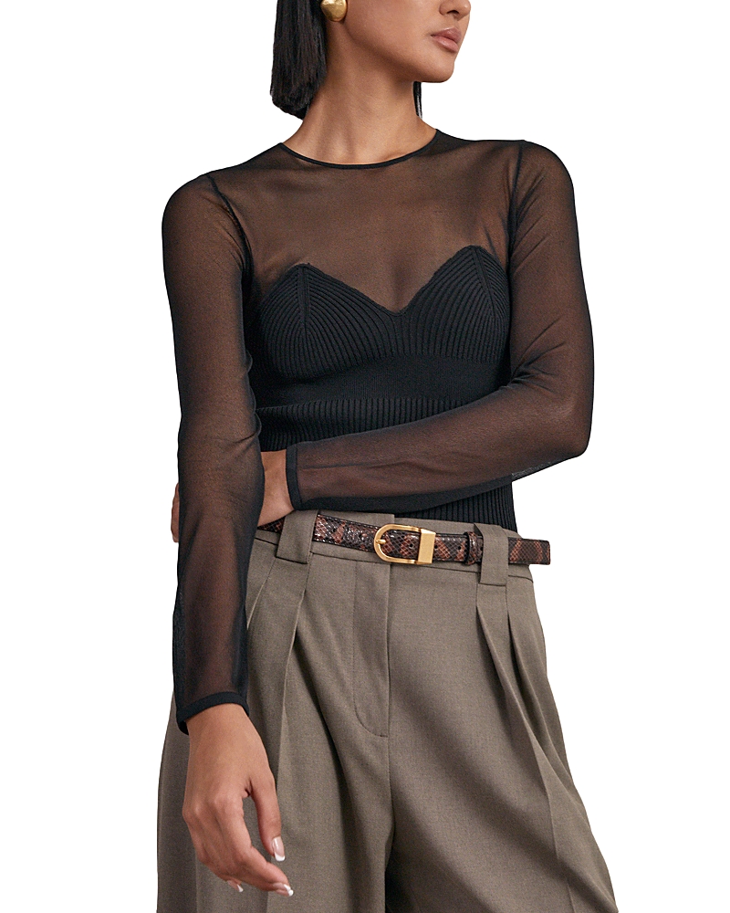 Reiss Womens Black Margot Sweetheart-neck Long-sleeve Stretch-mesh Top In Black