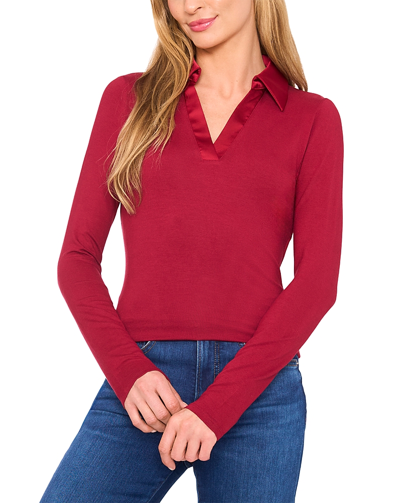 Cece Collared Long Sleeve Top In Red