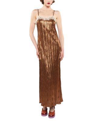  Fortuny Pleats Lace Slip Maxi Dress