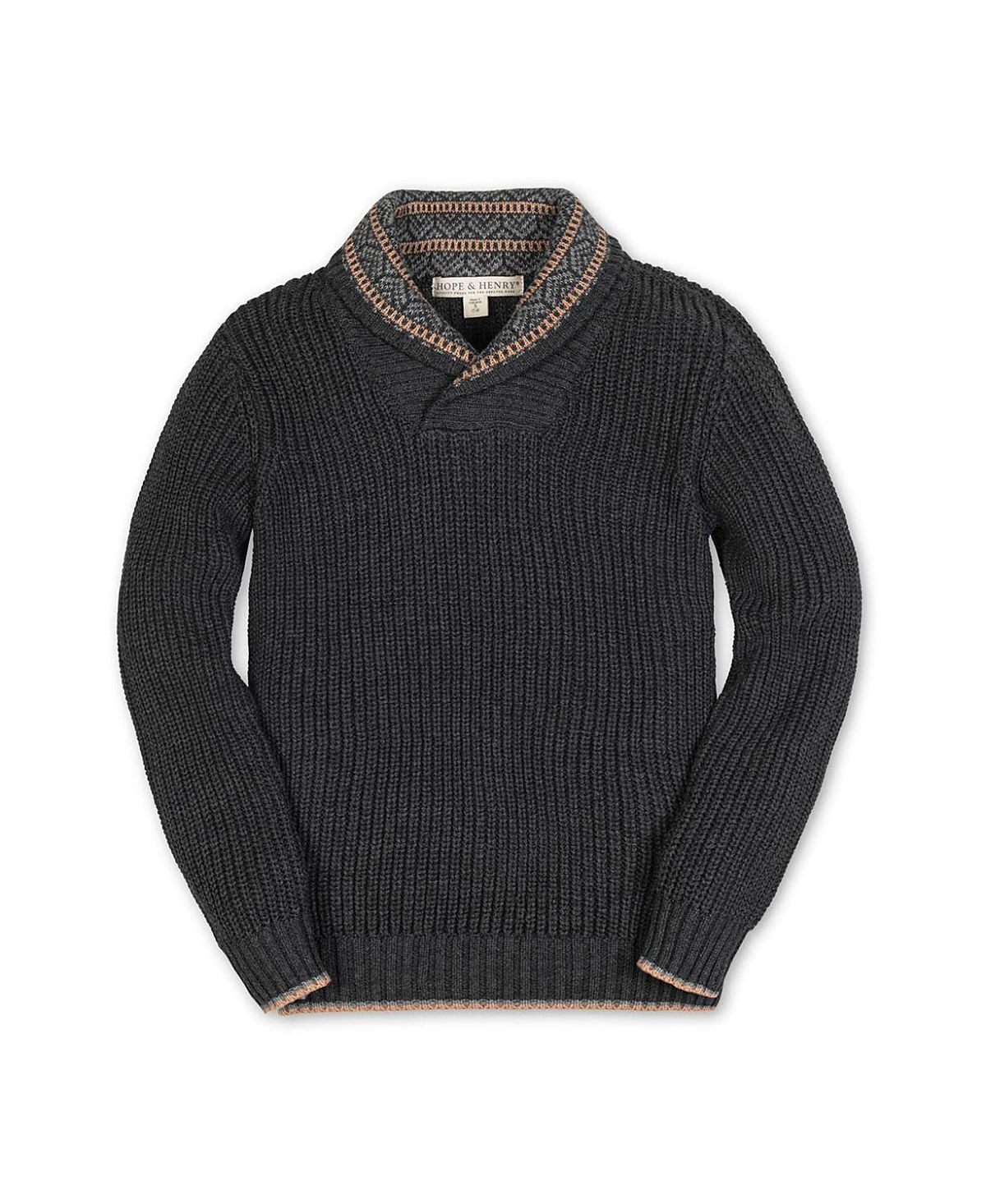 Hope & Henry Boys' Organic Long Sleeve Shawl Collar Sweater with Intarsia Detail - Little Kid, Big Kid