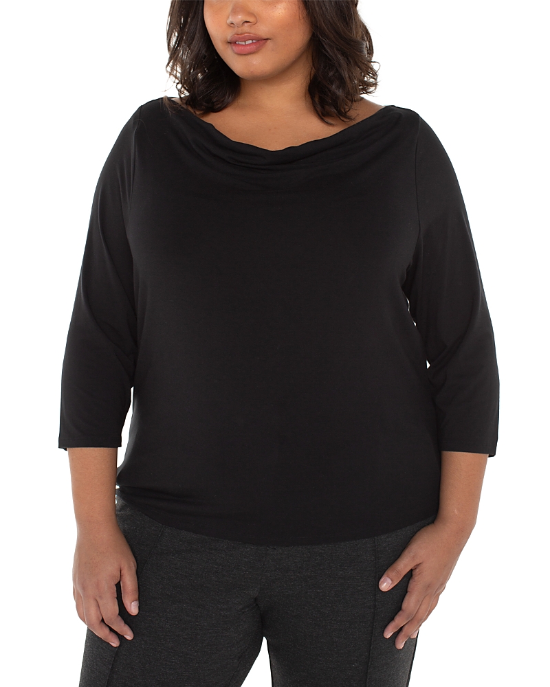 Liverpool Los Angeles Plus Three Quarter Sleeve Drape Neck Knit Top In Black