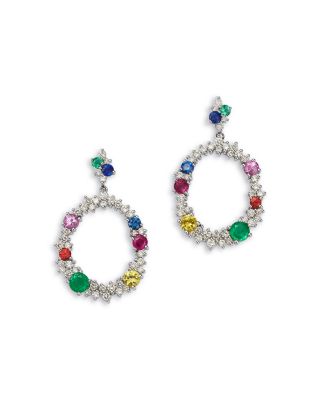 Ruby, Emerald & Rainbow Sapphire Doorknocker Drop Earrings in 14K White Gold
