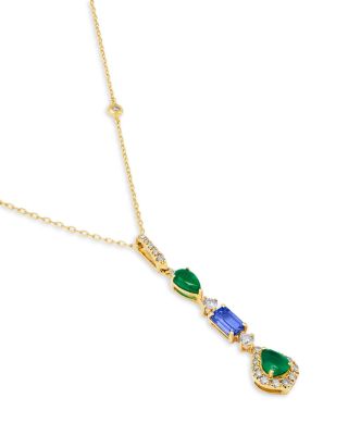 Emerald, Tanzanite & Diamond Lariat necklace in 14K Yellow Gold, 18"