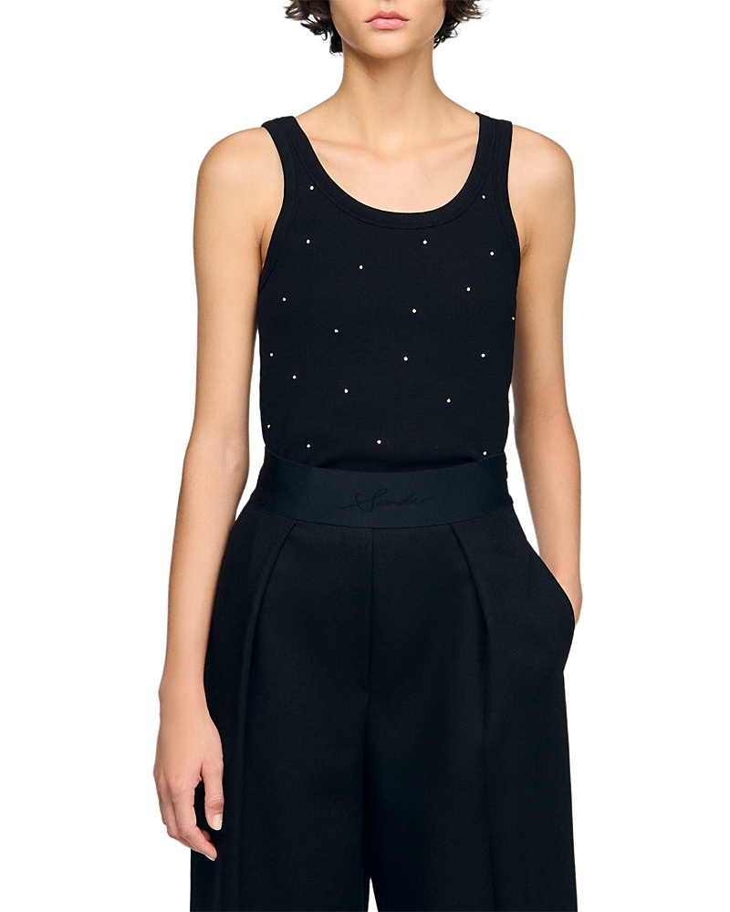 Sandro Womens Black Rhinestone-embellished Round-neck Stretch-cotton Tank Top In Black
