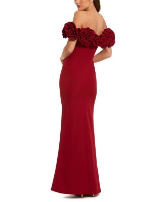 Crepe Off The Shoulder Column Gown With 3D Roses