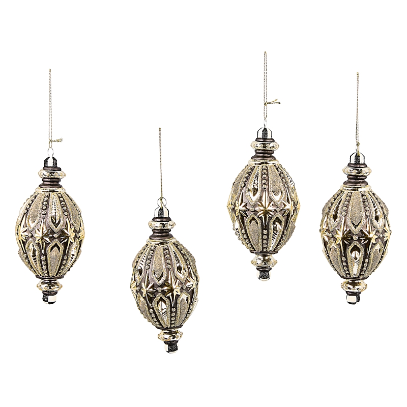 Mackenzie-childs Courtly Noel Teardrop Glass Ornaments, Set Of 4 In Brown