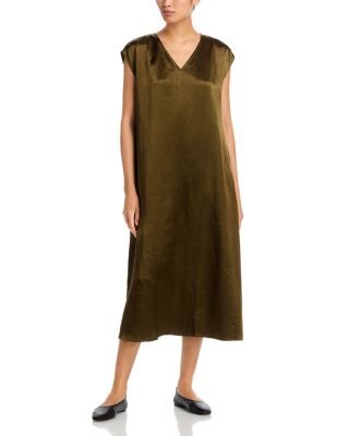 Satin V Neck Cap Sleeve Midi Dress