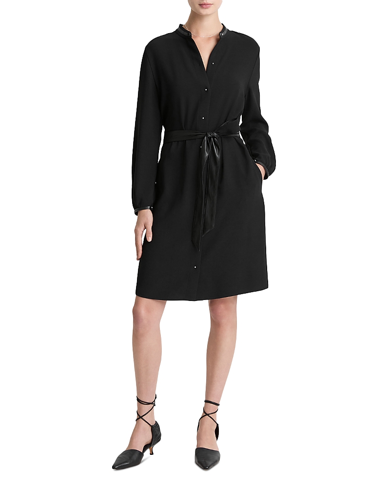 Vince Faux Leather Trim Long Sleeve Shirtdress In Black