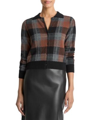 Check Plaid Cashmere Polo Cardigan