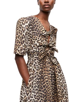 Leopard Printed Cotton Tie Strap Midi Dress