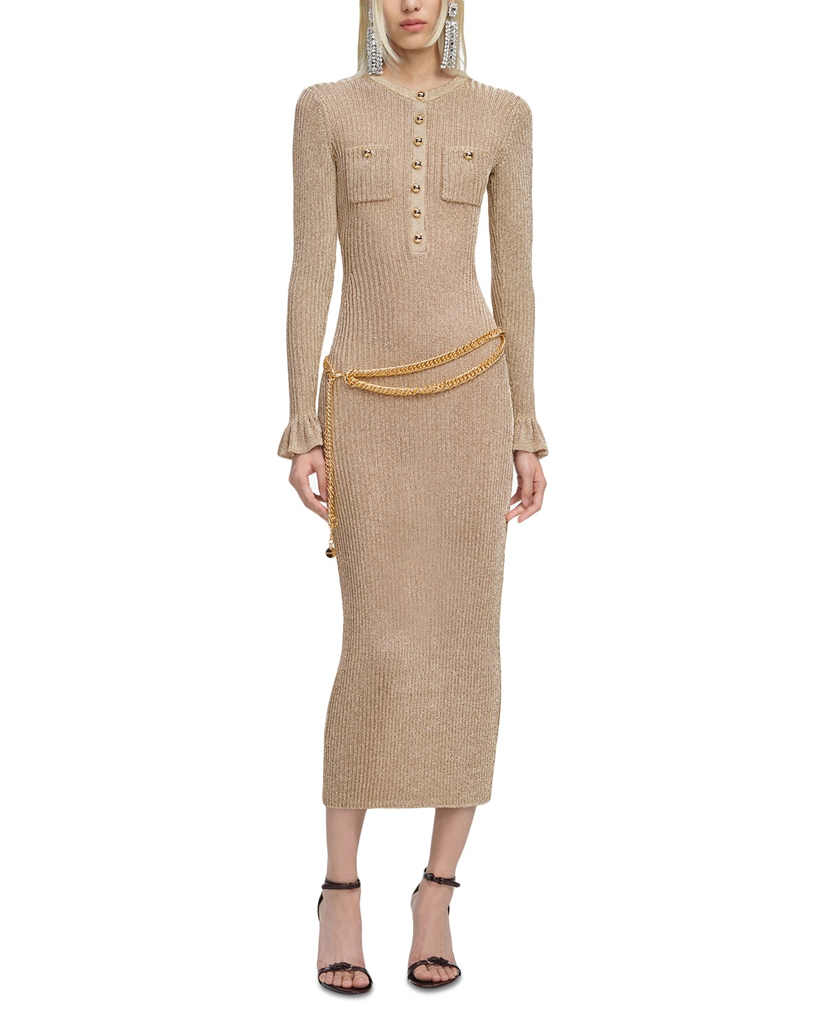 Self-Portrait Ribbed Knit Midi Dress in Yellow
