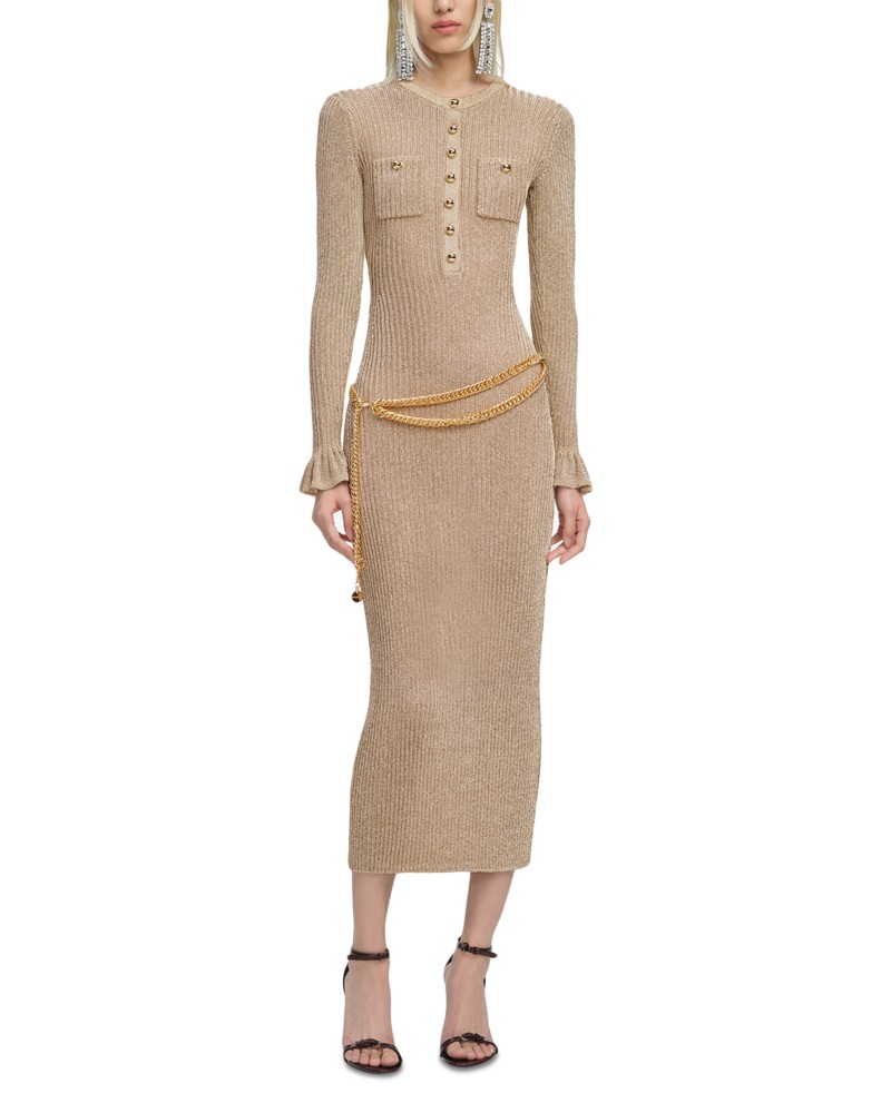 Self-Portrait Ribbed Knit Midi Dress in Yellow