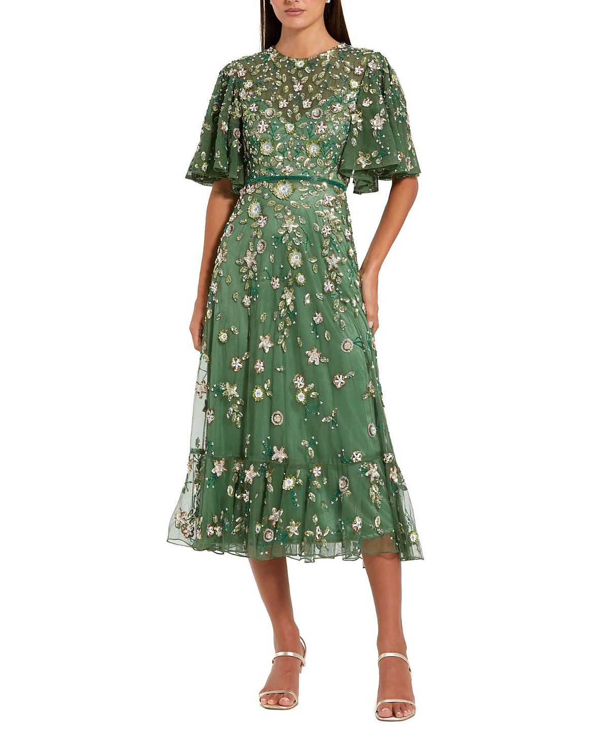 Mac Duggal Floral Embellished Flutter Sleeve Midi Dress