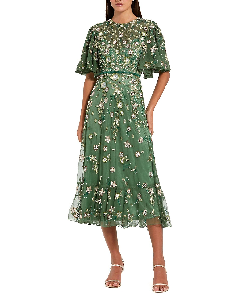 Mac Duggal Floral Embellished Flutter Sleeve Midi Dress In Multi