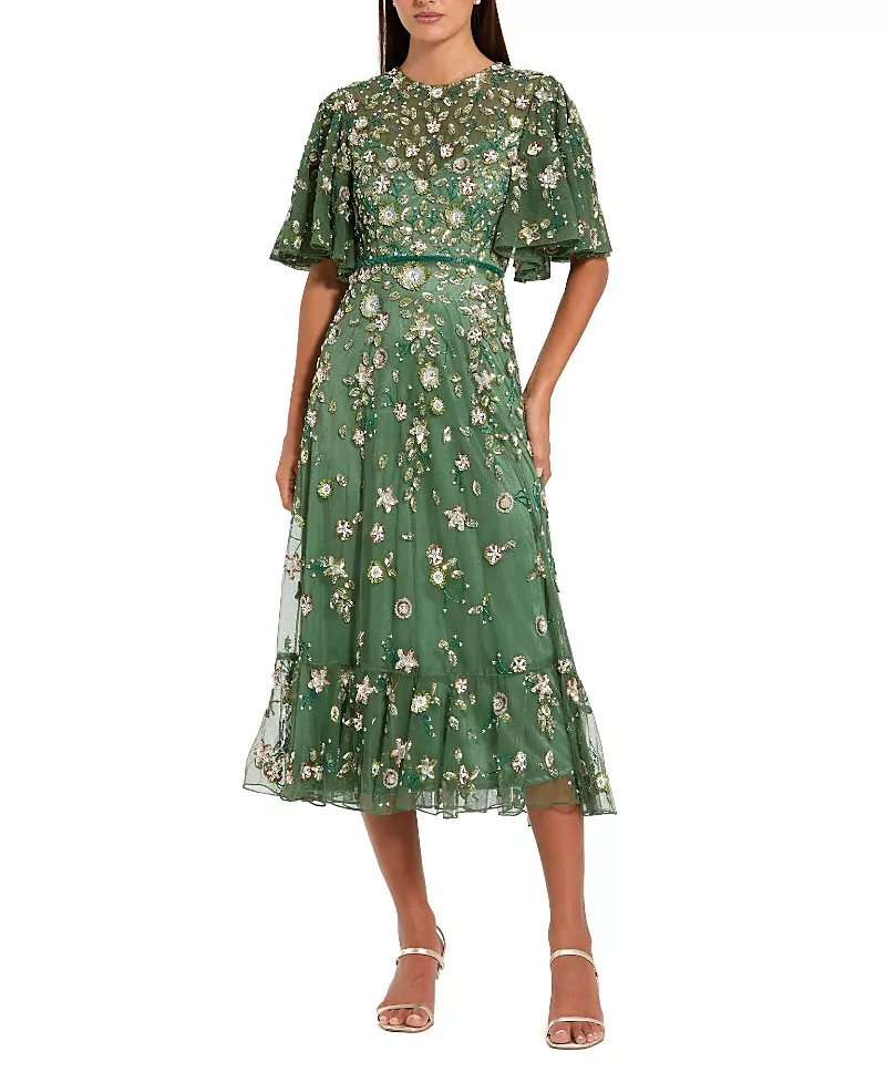 Mac Duggal Floral Embellished Flutter Sleeve Midi Dress