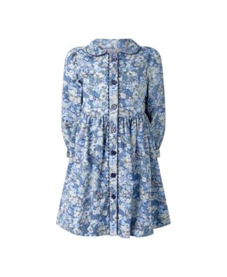  Girls' Blue Floral LS Button-Front Dress - Little Kid, Big Kid