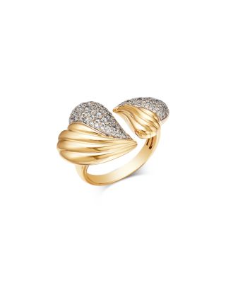 Diamond Textured Heart Cuff Ring in 14K Yellow Gold, 0.94 tcw
