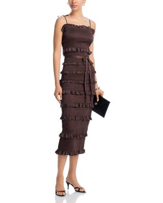 Lily Smocked Floral Print Ruffle Trim Midi Dress