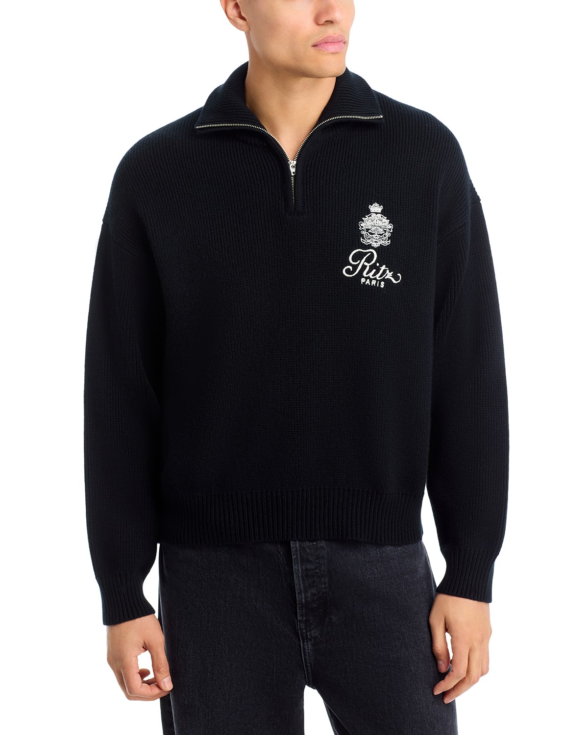 Frame Ritz Cashmere Half Zip Mock Neck Sweater in Black