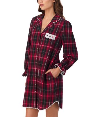 Long Sleeve Cotton Flannel Notch Collar Nightshirt 