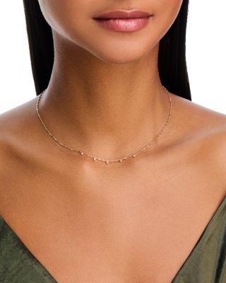 14K Yellow Gold Prong Diamonds Dangling Square Bead Chain Necklace, 16"