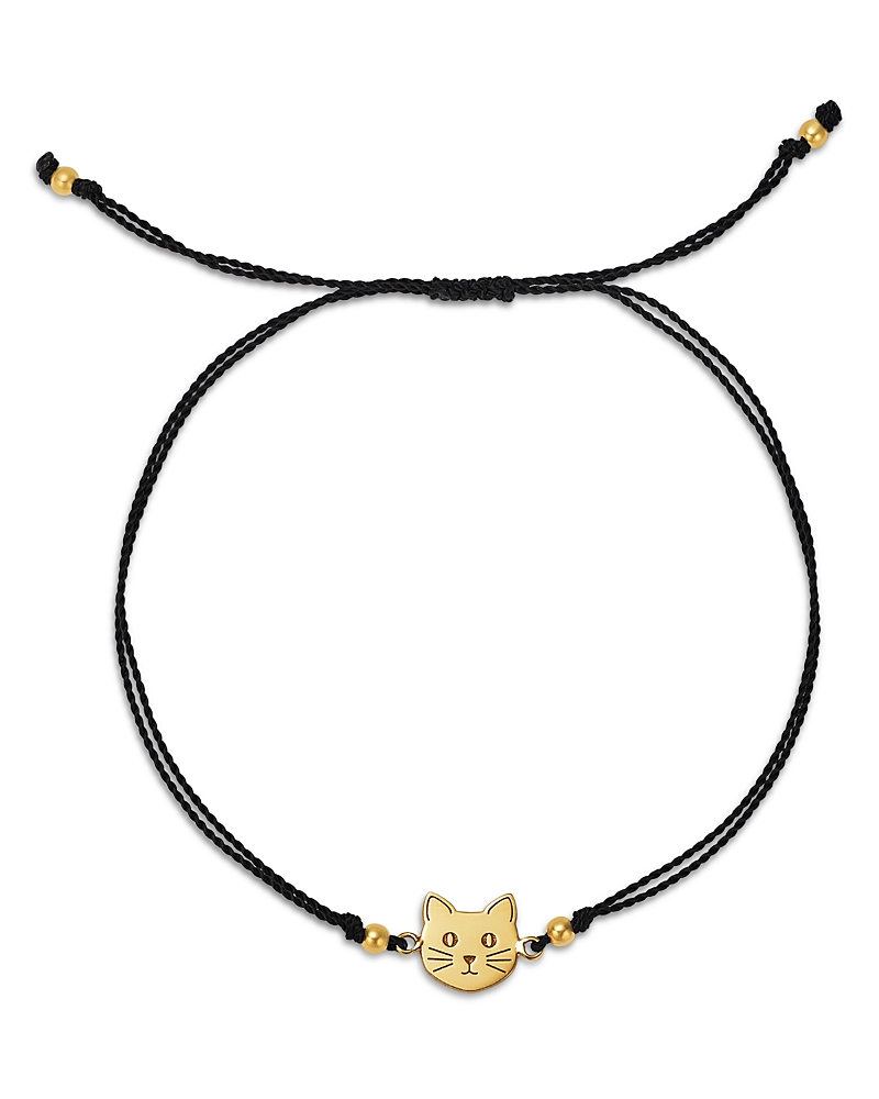 Zoë Chicco 14k Yellow Gold Midi Bitty Symbols Kitty Cat Black Cord Slider Bracelet In Gold